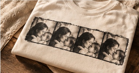 The Repeat vintage mother-and-child photo strip on ivory shirt