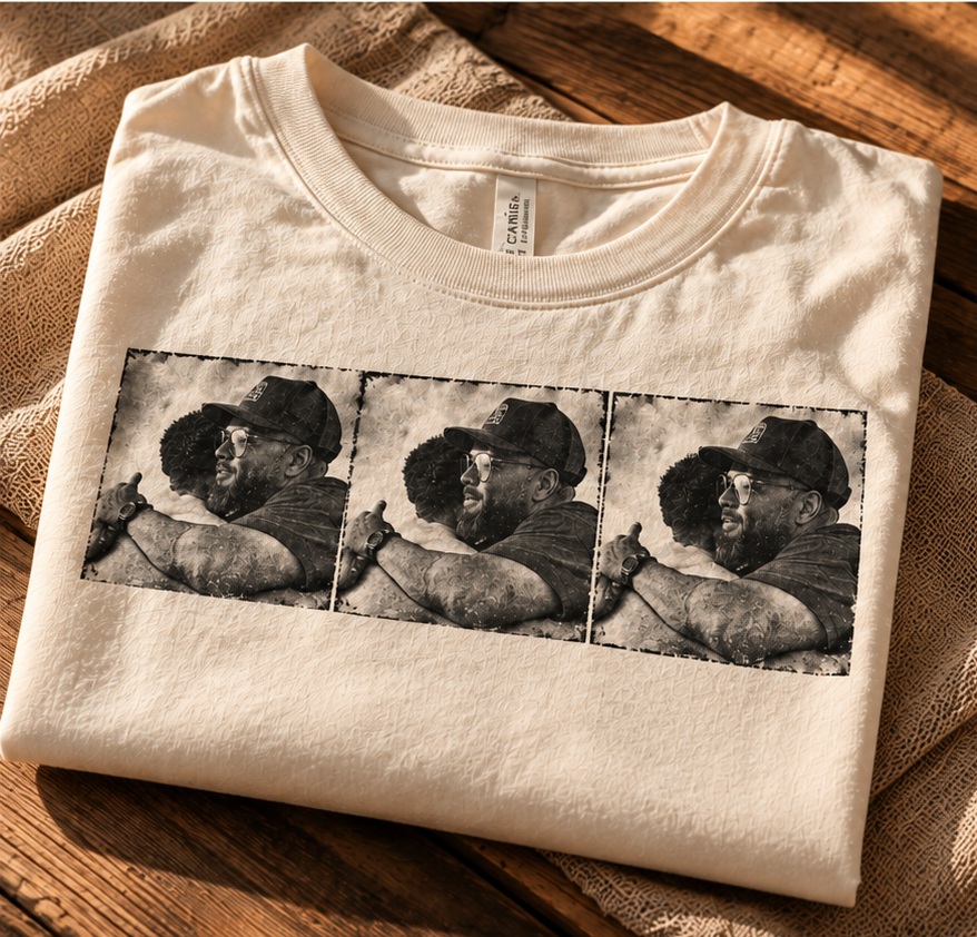 Approved vintage-style ivory T-shirt concept featuring the three repeated embrace images, without a separate lower image