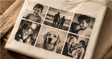 The Storyline vintage family memory collage on ivory shirt